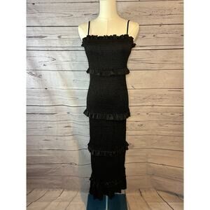 MABLE Black Smocked Ruffle Tiered Sheath Dress Small Stretchy Cocktail Dress